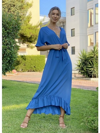 φόρεμα ασύμμετρο με κρουαζέ ντεκολτέ - μπλε