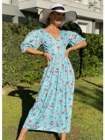 maxi αέρινο φόρεμα με φουσκωτά μανίκια - σιέλ floral