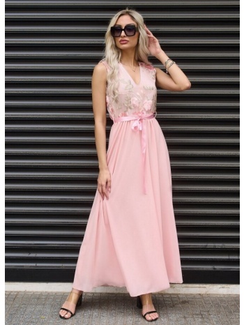 maxi φόρεμα μουσελίνα με δαντέλα στο ντεκολτέ - ροζ