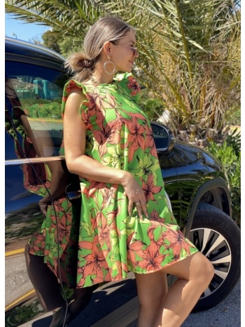 floral mini φόρεμα αέρινο με βολάν μανικάκι - πράσινο