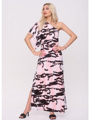 εμπριμέ maxi φόρεμα αέρινο με έναν ώμο & σκίσιμο - ροζ