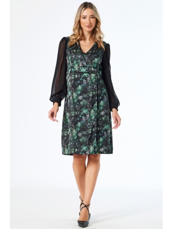 σατεν φλοραλ φορεμα με μαυρα μανικια σε προσφορά