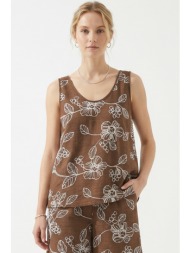 καφε κεντητη αμανικη μπλουζα linen-look