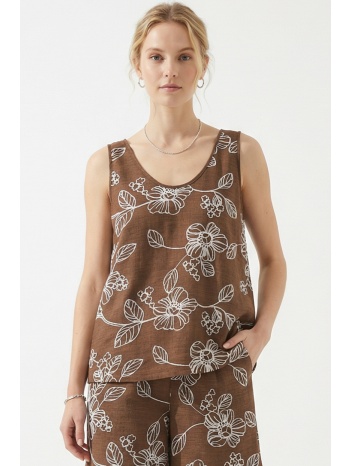 καφε κεντητη αμανικη μπλουζα linen-look