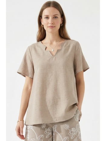 μπεζ v-neck μπλουζα linen look