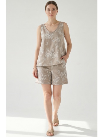μπεζ κεντητη βερμουδα linen-look