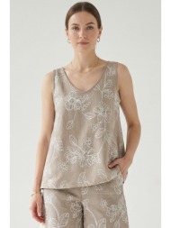 μπεζ κεντητη αμανικη μπλουζα linen-look