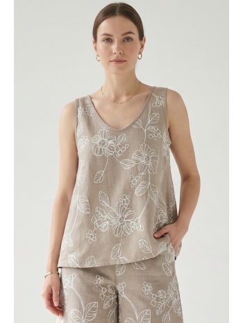 μπεζ κεντητη αμανικη μπλουζα linen-look