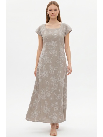 μπεζ μαξι κεντητο φορεμα linen-look