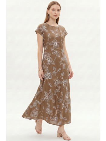 καφε μαξι κεντητο φορεμα linen-look