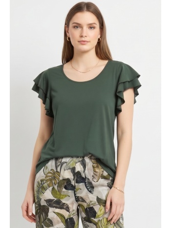 χακι μπλουζα με βολαν μανικια