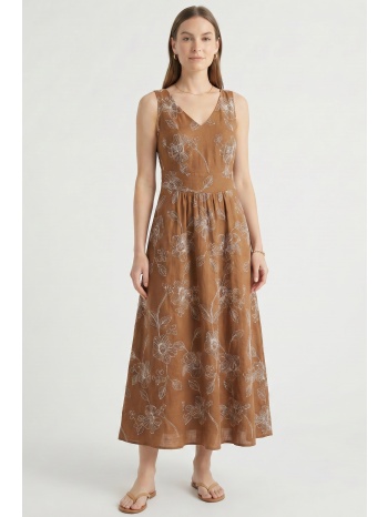 καφε μαξι ολοκεντητο φορεμα linen-look