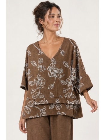 καφε κεντητη oversize μπλουζα linen-look