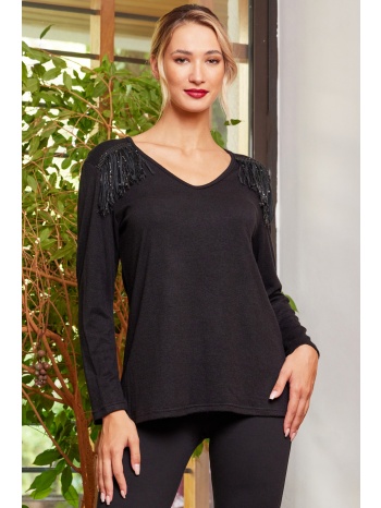 μαυρη πλεκτη μπλουζα με κροσια στους ωμους σε προσφορά