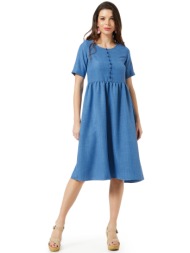 μπλε indigo linen-look φορεμα με κουμπια