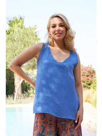 μπλε αμανικη μπλουζα linen-look σε προσφορά