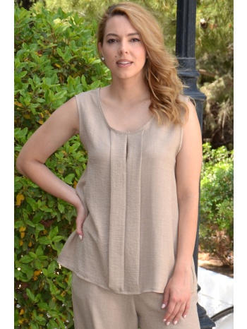 μπεζ αμανικη μπλουζα με πιετα linen-look σε προσφορά