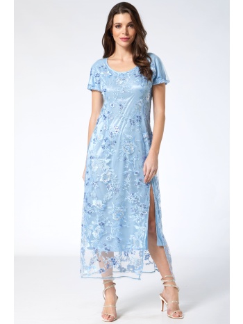 γαλαζιο μαξι φορεμα δαντελα με παγιετες και σκισιμο σε προσφορά