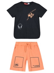παιδικό μακό σετ 2 τεμάχια με τύπωμα στην μπλούζα και στην βερμούδα για αγόρι | βερυκοκκι