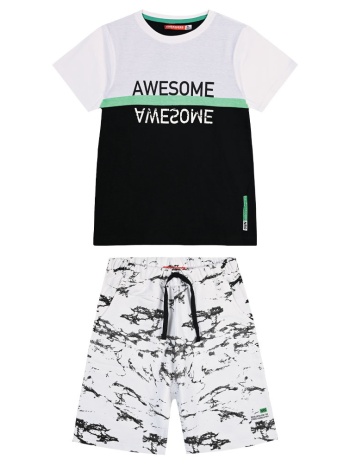 παιδικό σετ μακό 2 τεμάχια με τύπωμα και εμπριμέ βερμούδα σε προσφορά