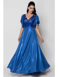 φορεμα μακρυ μεταλιζε με δαντελα μπλε ρουα