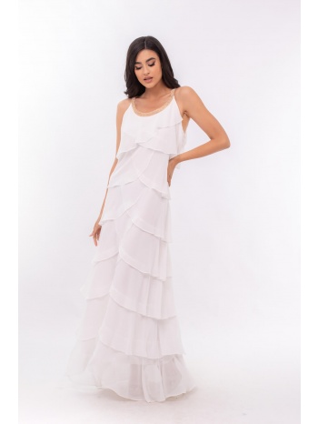 φορεμα με βολαν και στρας λευκο λευκο