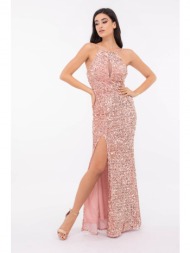 φορεμα μακρυ εξωπλατο με παγιετες και σκισιμο ροζ ροζ