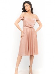 φορεμα plus size μιντι glossy off shoulder ροζ ροζ