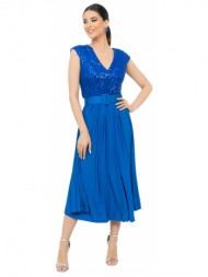 φορεμα plus size μιντι πλισε με παγιετα μπουστο και ζωνη μπλε ρουα