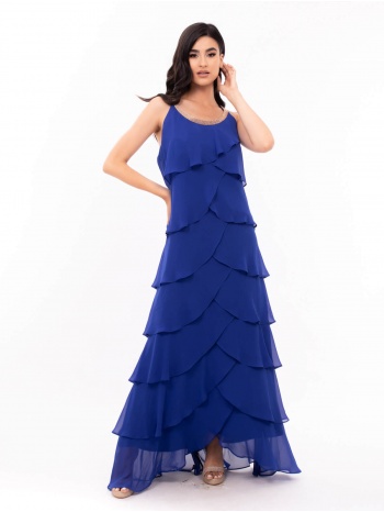 φορεμα μακρυ μουσελινα με βολαν μπλε ρουα μπλε ρουα