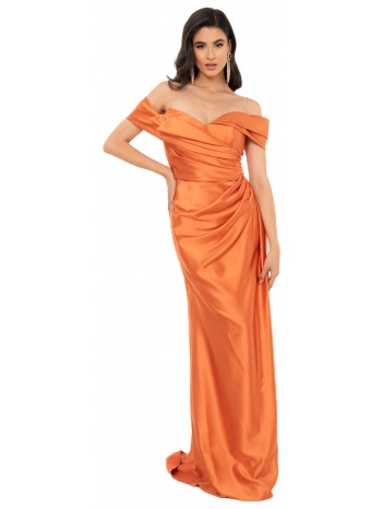 φορεμα off shoulder σατεν μακρυ με σκισιμο caramel πορτοκαλι