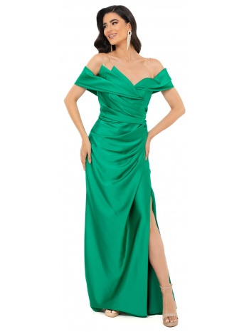 φορεμα off shoulder σατεν μακρυ με σκισιμο πρασινο πρασινο