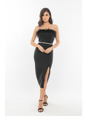 φορεμα μιντι bandage με στρας και πουπουλο μαυρο μαυρο σε προσφορά