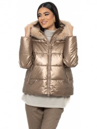μπουφαν glossy κοντο με αποσπωμενη γουνα μπρονζε μπρονζε