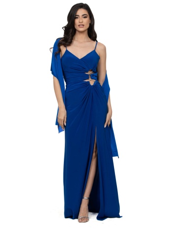 φορεμα μακρυ ελαστικο με σκισιμο και ανοιγματα μπλε ρουα