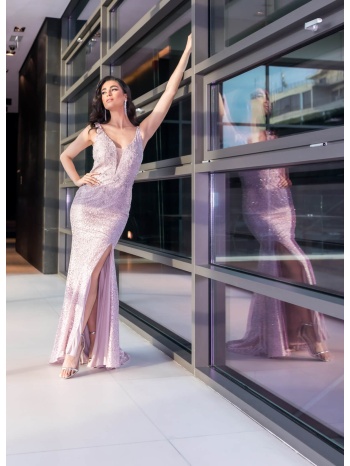 φορεμα γοργονε με κεντημενες πετρες ροζ