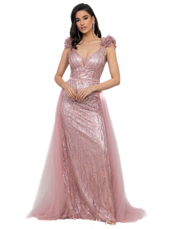 φορεμα glitter με τουλι μακρυ ροζ ροζ