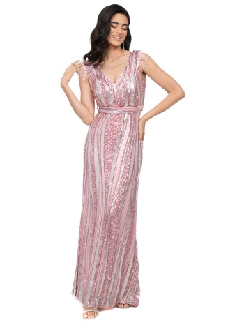 φορεμα plus size μακρυ παγετα με πουπουλο και ζωνη ροζ σε προσφορά