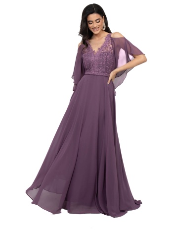 φορεμα plus size μακρυ μουσελινα με δαντελα σαπιο μηλο σε προσφορά