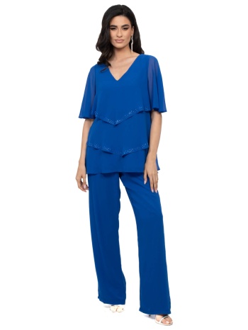 σετ plus size παντελονα μπλουζα μουσελινα μπλε ρουα σε προσφορά