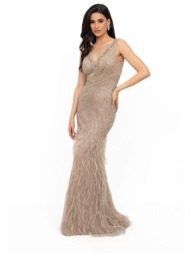 φορεμα μακρυ με κεντημενες πετρες και πουπουλα μπεζ μπεζ