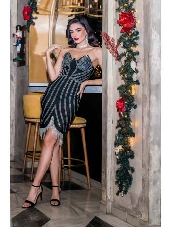 φορεμα στραπλες ελαστικο με στρας και κροσια μαυρο σε προσφορά