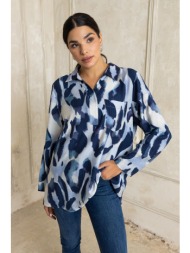 μπλουζα plus size εμπριμε με γιακα και τσεπη μπλε