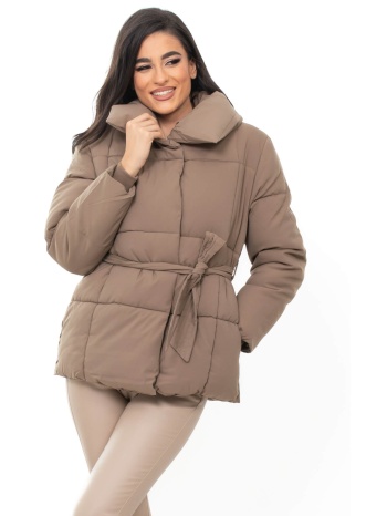 μπουφαν κοντο puffer με ζωνη καφε καφε σε προσφορά