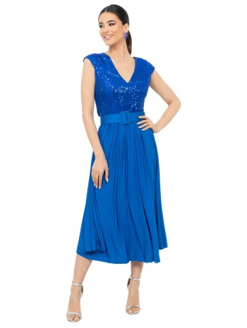 φορεμα μιντι πλισε με παγιετα μπουστο και ζωνη μπλε ρουα σε προσφορά