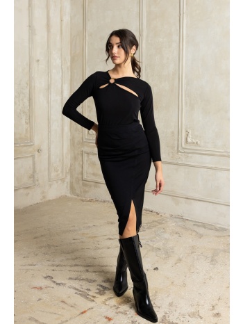 φουστα μιντι με σκισιμο και σουρα μαυρο σε προσφορά