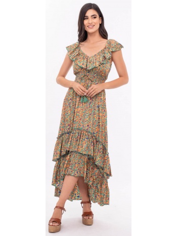 φορεμα boho εμπριμε ασυμμετρο με βολαν multicolor σε προσφορά