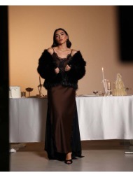 treisy γυναικείο σατέν φόρεμα με δαντέλα καφέ 100% πολυεστερ