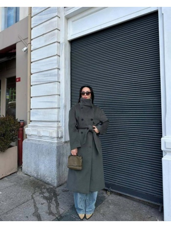 karen γυναίκειο μακρύ παλτό με ζώνη στη μέση χακί 22% σε προσφορά