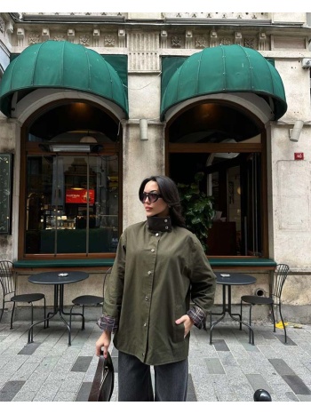 boika γυναικείo τζάκετ υφασμάτινη χακί μακρύ με κουμπιά